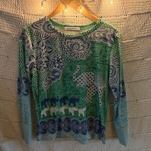 MISSLOOK Green and Blue Elephant Floral Long Sleeve Top